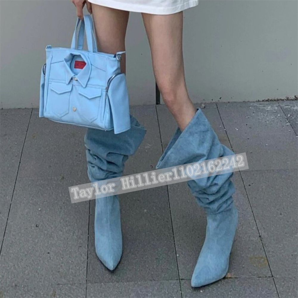Street Fashion Denim - Весенние синие джинсовые плиссированные туфли-слипоны, женские